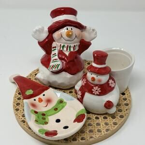 LOT- Snowman Spoon Rest Candle Holder& Santa Figurine Christmas Decor Holiday